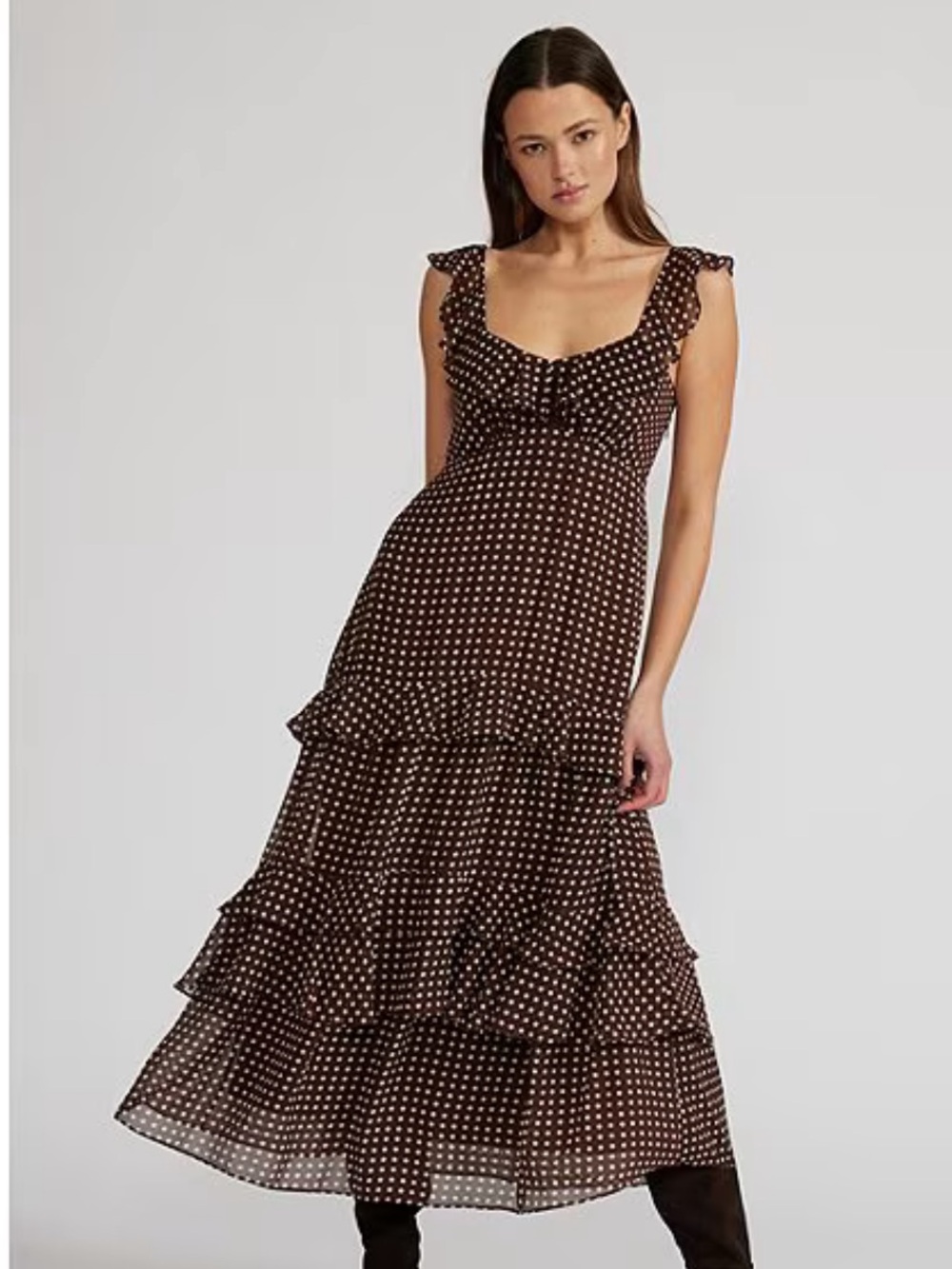 Lucy Paris Cassandra Dotted Chiffon Sweetheart Neck Cap Sleeve Ruffle Tiered